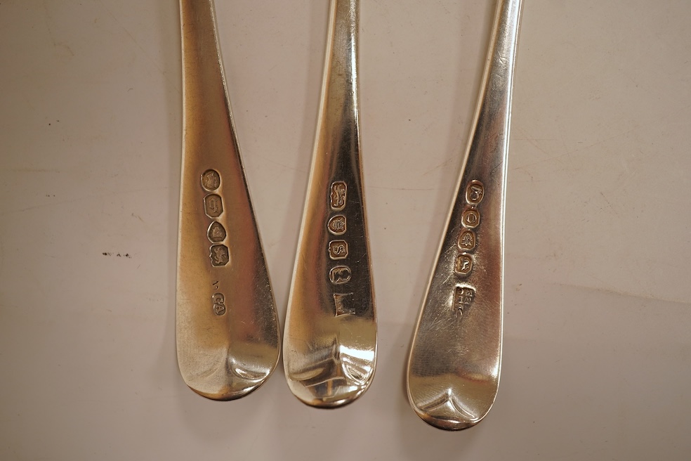 A pair of George III silver feather edge Old English pattern sauce ladles, with shell bowls, London, 1771?, 17.6cm, together with a pair of George III Scottish silver toddy ladles, George Fenwick, Edinburgh, 1816, one ot